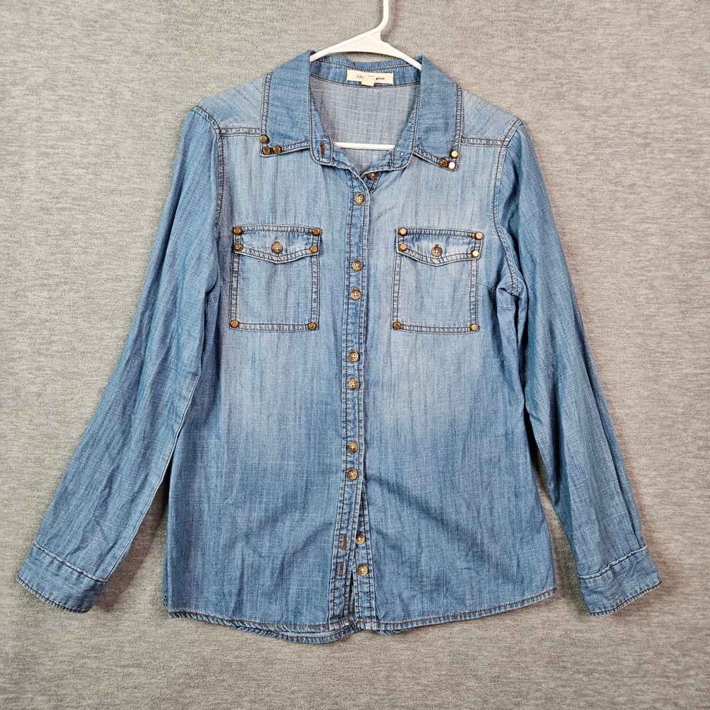 Life In Progress Womens L Denim Button Up Blue Shirt Studded Western Light Wash